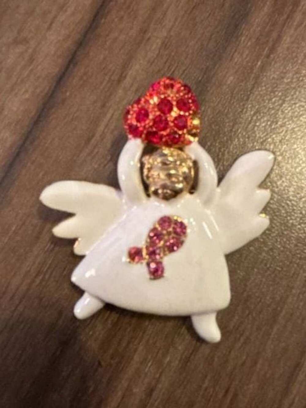 Vintage Rhinestone Angel Brooch Pin White Enamel Pink Ribbon
